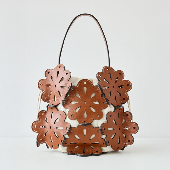 NWT STAUD Beige & Tan Flora Basket Leather Top-handle Small Bucket Bag - Picture 2 of 9